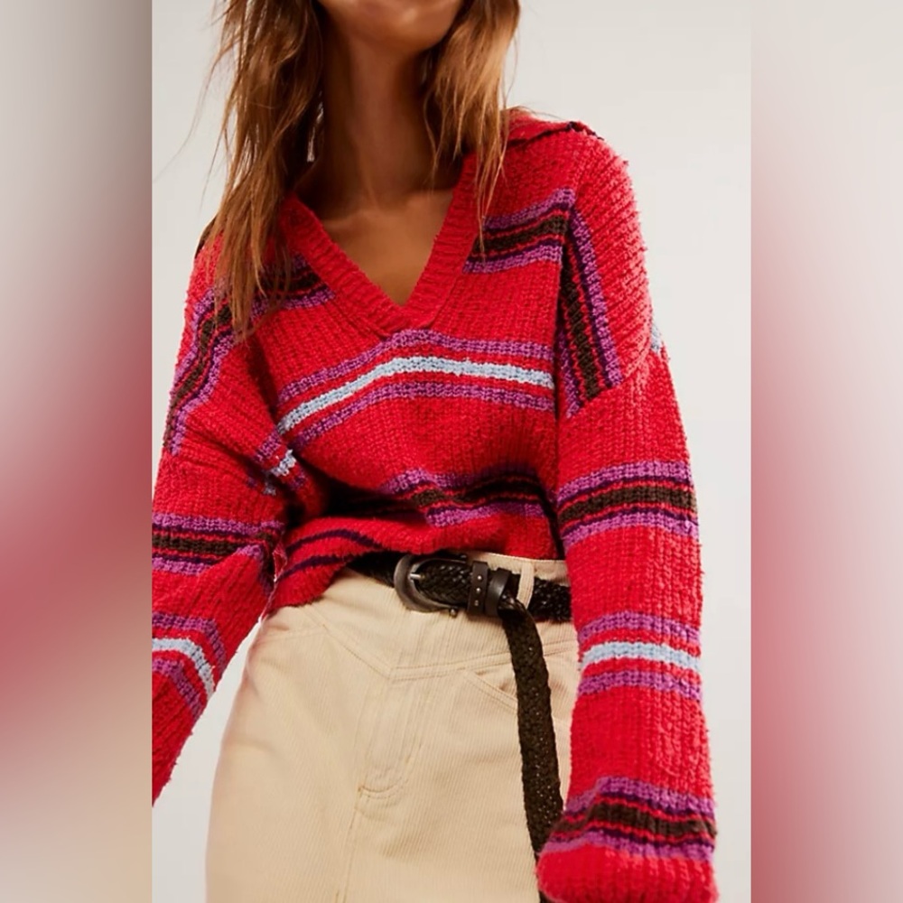 Free People Red Striped V-Neck Sweater
